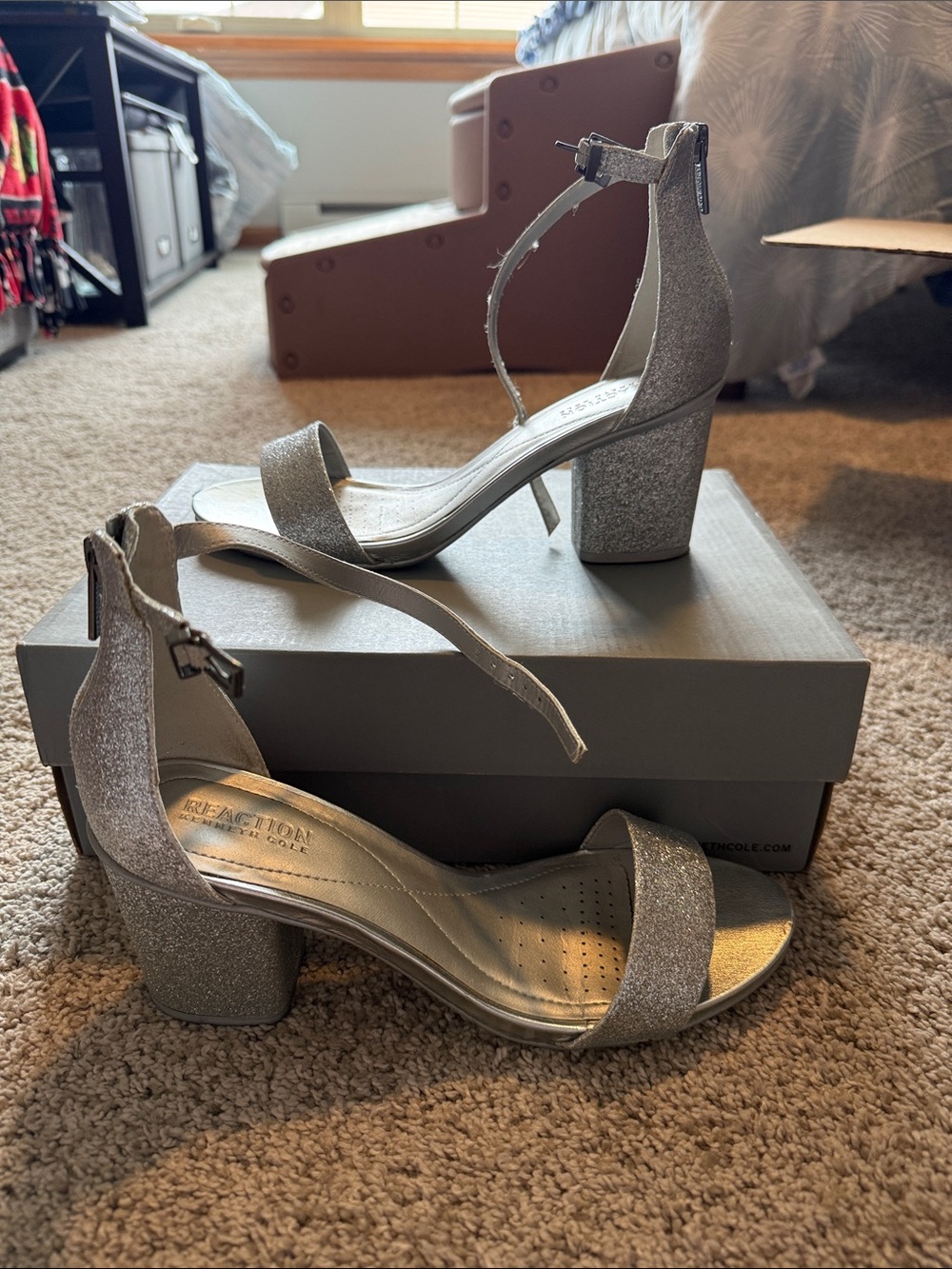 Kenneth Cole Reaction Glitter 3 inch Block Heel Sandals in Silver